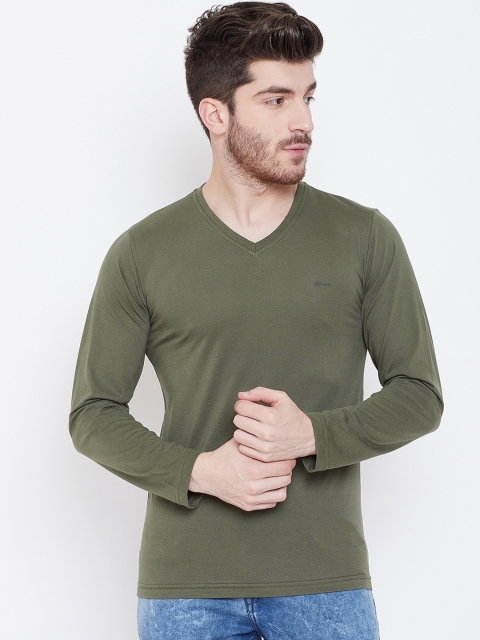 

Okane Men Olive Green Solid V-Neck T-shirt