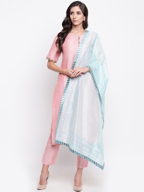 

Shakumbhari Women Blue Organza Silk Printed Dupatta with Chanderi Brocade