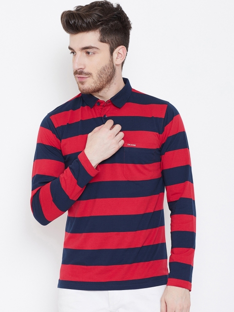 

Okane Men Red Striped Polo Collar T-shirt