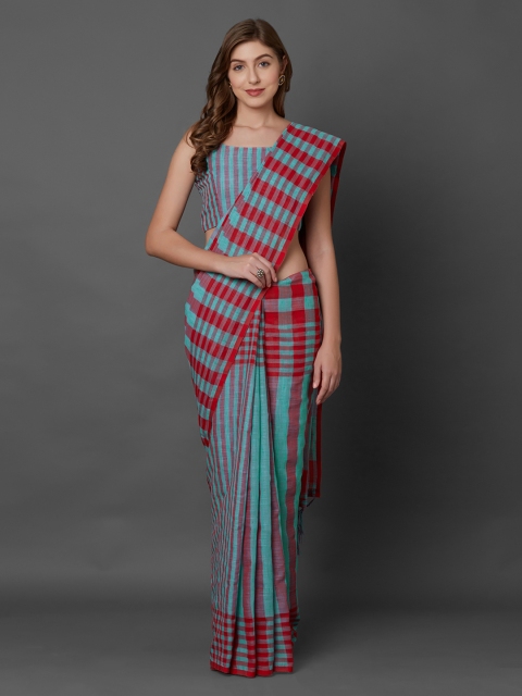 

Mitera Teal Green & Red Linen Blend Striped Saree