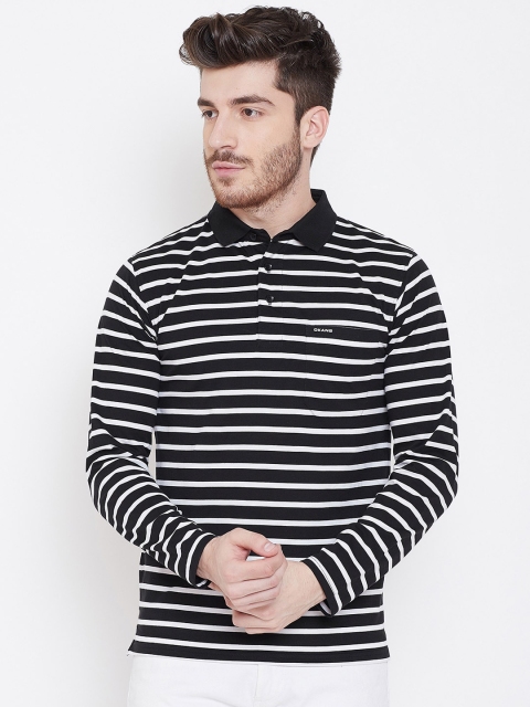 

Okane Men Black & White Striped Polo Collar T-shirt