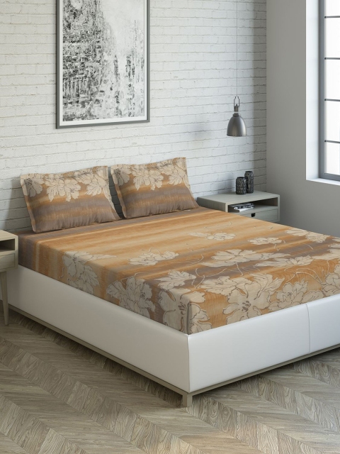 

DDecor Beige Floral 140 TC Cotton 1 King Bedsheet with 2 Pillow Covers