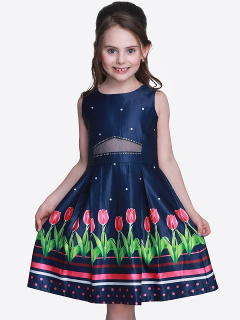 

CUTECUMBER Girls Navy Blue Floral Printed Fit and Flare Dress