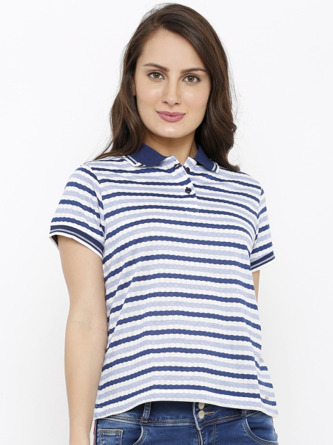 

Manola Women Blue & White Striped Polo Collar T-shirt