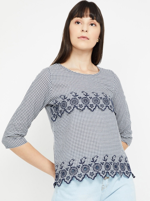 

Fame Forever by Lifestyle Women White & Navy Blue Embroidered Checked Top