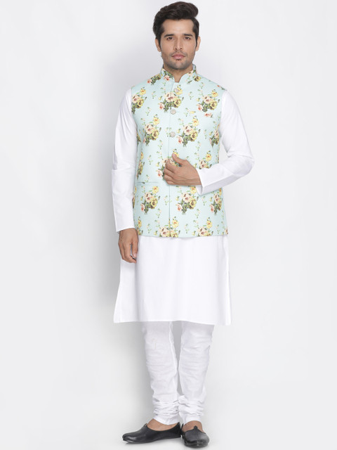 

VASTRAMAY Men Green & Yellow Printed Kurta with Churidar & Nehru Jacket