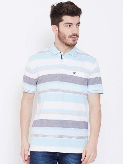 

Duke Men Blue & White Striped Polo Collar T-shirt