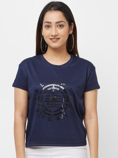 

Imagica Women Navy Blue Printed Boxy Fit Round Neck T-shirt
