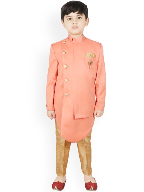 

SG YUVRAJ Boys Orange & Brown Solid Silk Sherwani Set