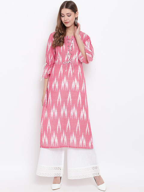 

Shakumbhari Women Pink & White Ikkat Printed Straight Kurta