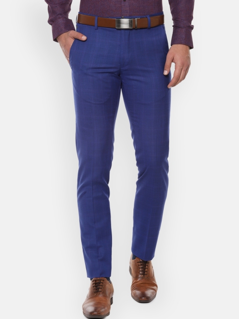 Van Heusen Men Blue Slim Fit Checked Formal Trousers