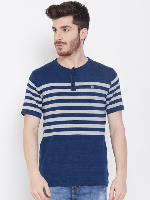 

Duke Men Blue Striped Henley Neck T-shirt