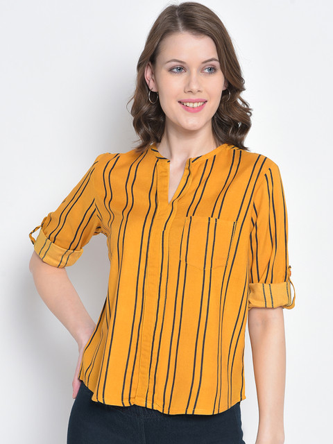 

Mayra Women Yellow Striped & Blue Shirt Style Top