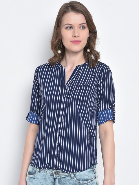 

Mayra Women Blue Striped Shirt Style Top