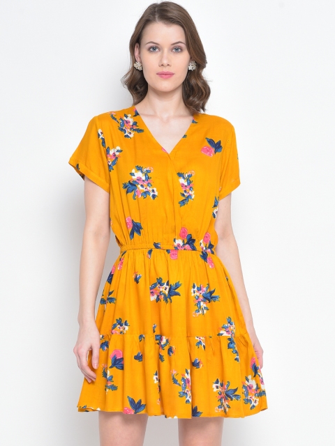 

Mayra Women Floral Print Yellow Fit and Flare Dress