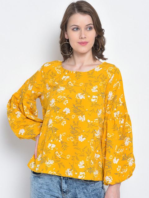 

Mayra Women Yellow Floral Print A-Line Top
