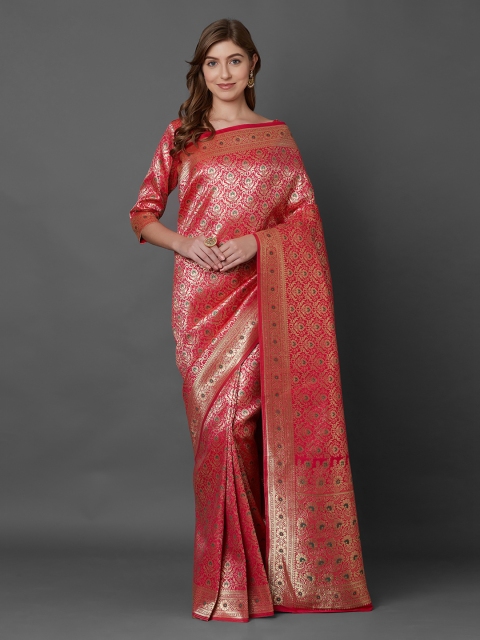 

Mitera Pink & Gold-Coloured Silk Blend Woven Design Banarasi Saree
