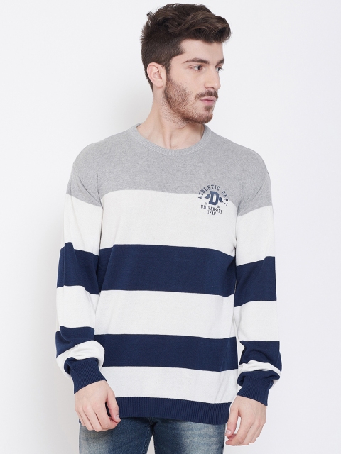 

Duke Men Grey & Navy Blue Striped Sweater