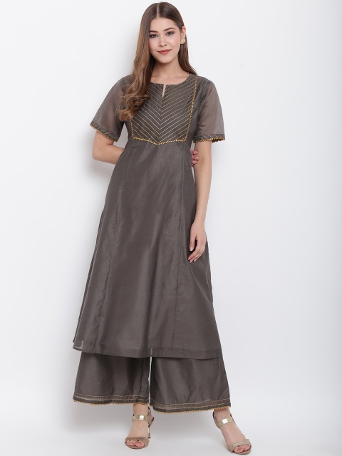 

Shakumbhari Women Charcoal & Gold-Toned Solid Kurti with Palazzos