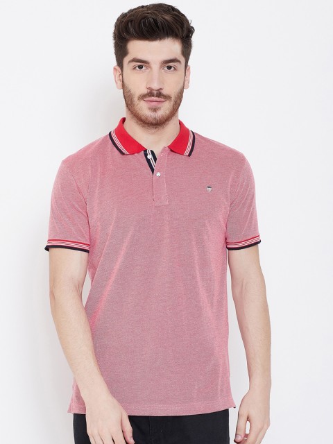 

Duke Men Coral Red Self Design Polo Collar T-shirt
