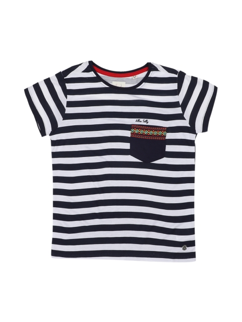 

Allen Solly Junior Girls Navy Blue & White Striped Round Neck T-shirt
