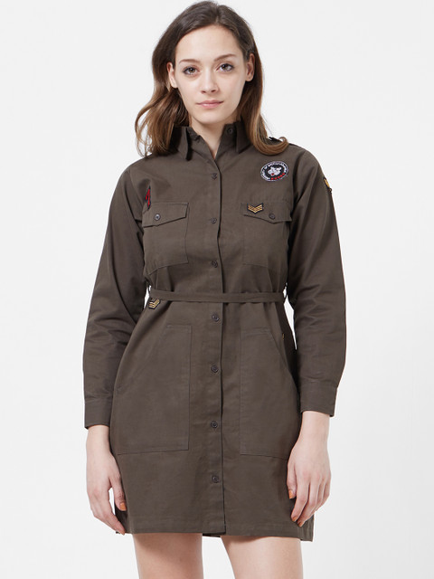 

Imagica Women Solid Olive Green Shirt Dress
