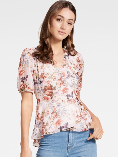 

Forever New Women Pink & Red Printed Wrap Top