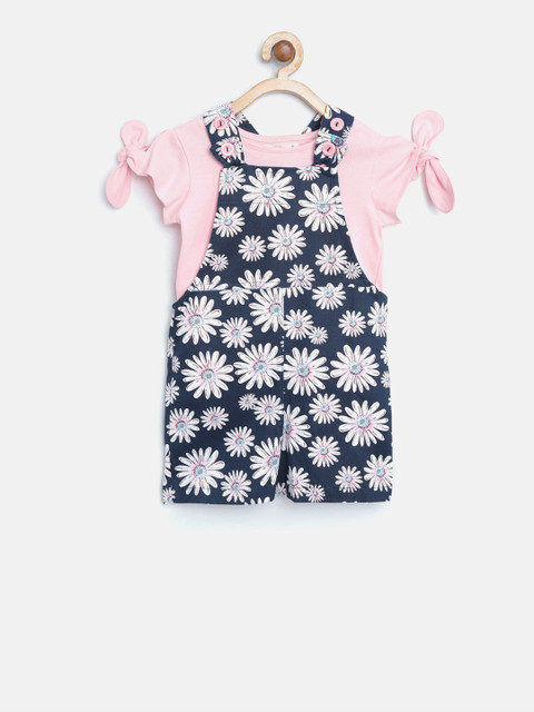 

Nauti Nati Girls Navy Blue & Pink Solid T-shirt with Dungaree