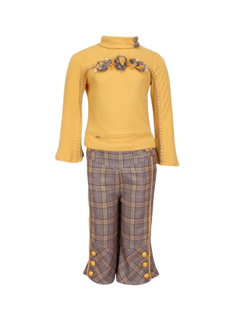 

CUTECUMBER Girls Yellow & Grey Solid Top with Trousers