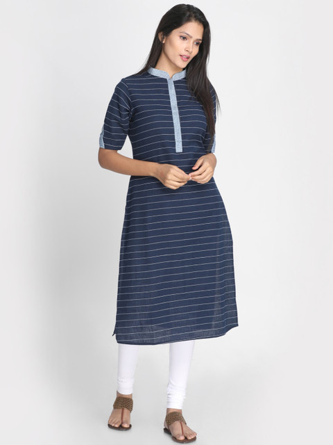 

Nakshi Women Navy Blue Striped Straight Kurta