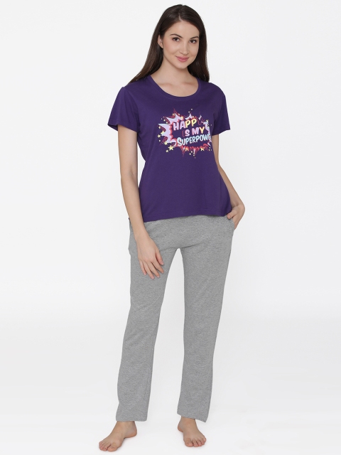 

Clovia Women Purple & Grey Printed Night Suit COMLS0028S