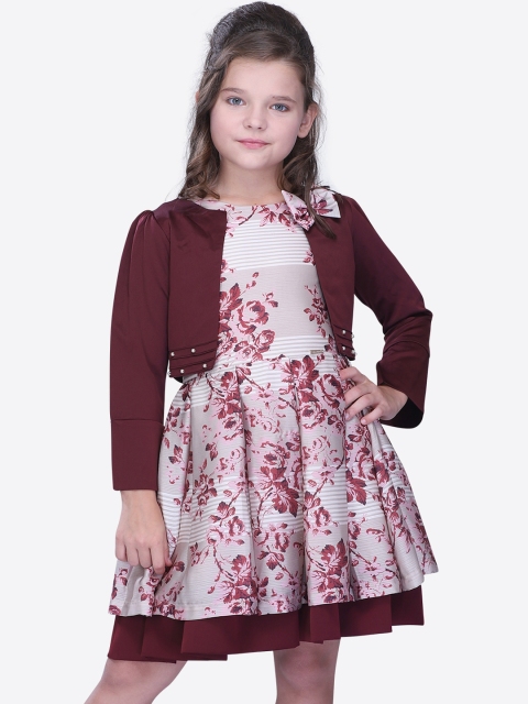 CUTECUMBER Girls Beige Printed Fit and Flare Dress with Shrug