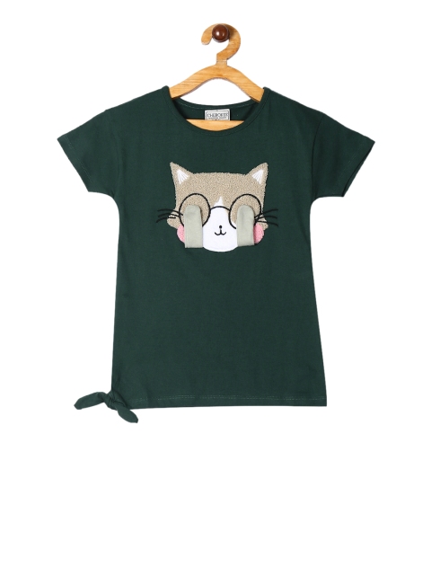 

Cherokee Girls Green Cat Applique Round Neck Pure Cotton T-shirt