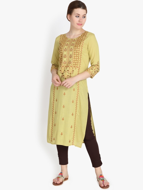 Prakhya Women Green Embroidered Straight Kurta