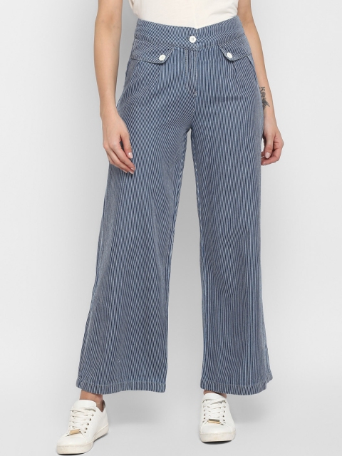 

FOSH Women Blue Comfort Regular Fit Striped Parallel Trousers