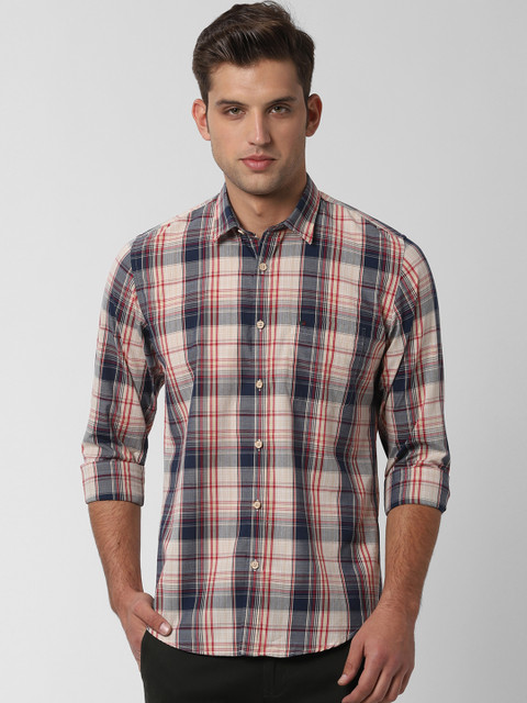 

Peter England Casuals Men Beige & Navy Blue Slim Fit Checked Casual Shirt