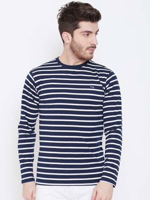

Okane Men Navy Blue Striped Round Neck T-shirt