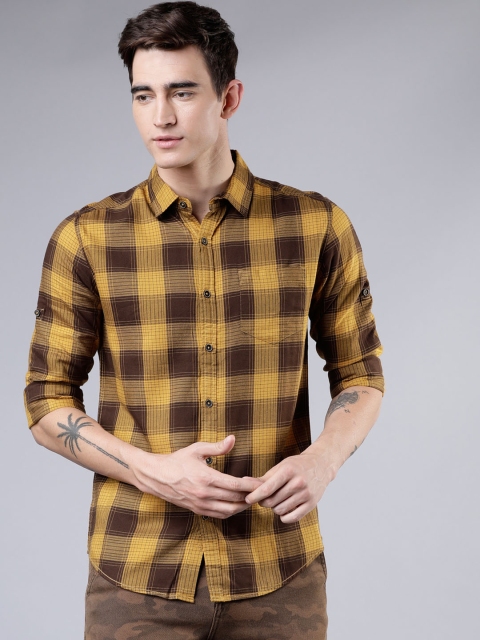 LOCOMOTIVE Men Yellow & Brown Slim Fit Checked Casual Shirt