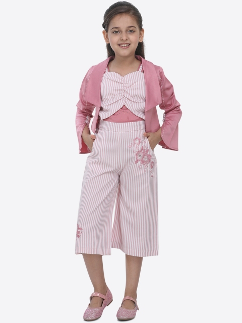 

CUTECUMBER Girls White & Pink Striped Culotte Jumpsuit With Jacket