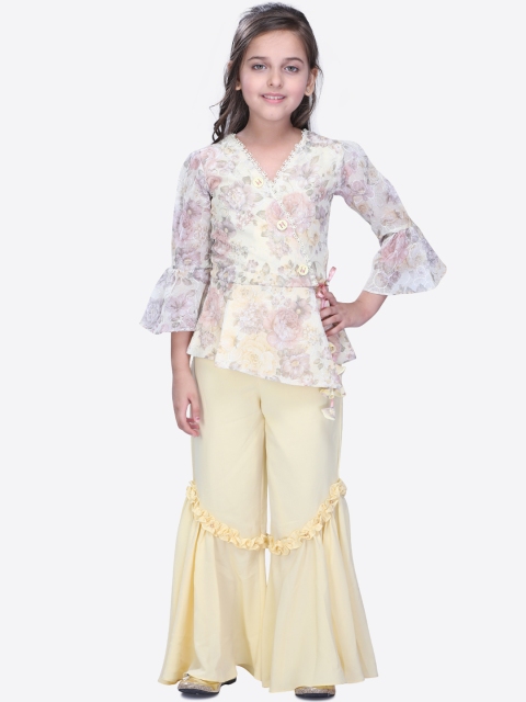 

CUTECUMBER Girls Yellow & Off-White Printed Top with Trousers