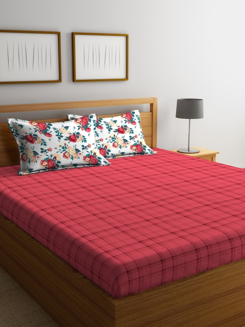 

STELLAR HOME Pink Checked 120 TC Cotton 1 Queen Bedsheet with 2 Pillow Covers