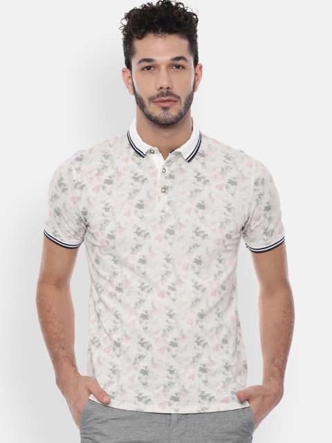 

V Dot Men Cream-Coloured Printed Polo Collar T-shirt