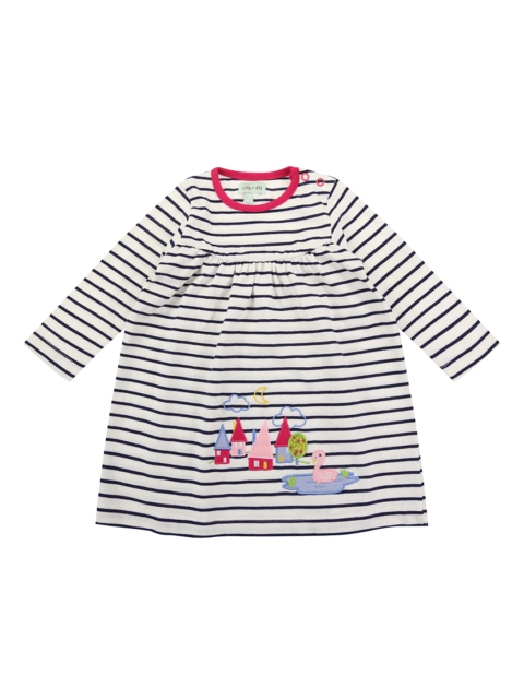 

Lilly and Sid Girls Off-White & Navy Blue Striped A-Line Sustainable Dress