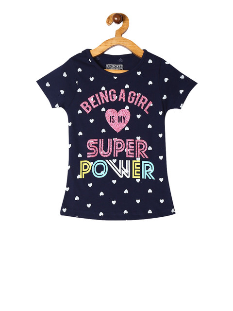 

Cherokee Girls Navy Blue and Pink Printed Round Neck T-shirt