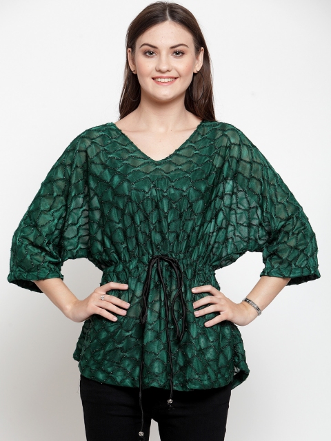 

Just Wow Women Green Embellished Cinched Waist Top