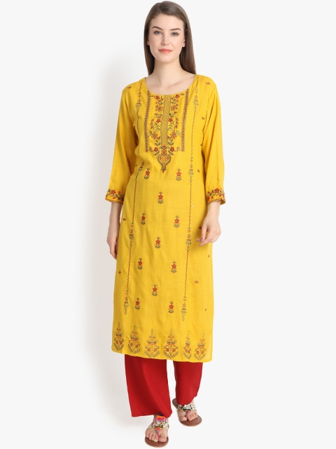 

Prakhya Women Yellow Embroidered Straight Kurta