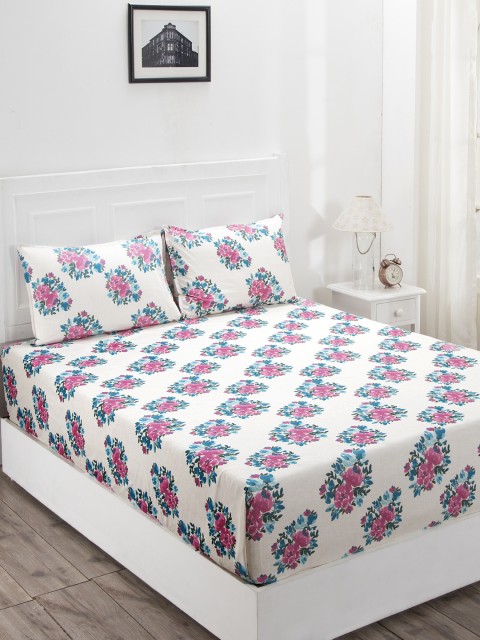 

MASPAR White & Pink Floral 144 TC Cotton 1 Queen Bedsheet with 2 Pillow Covers