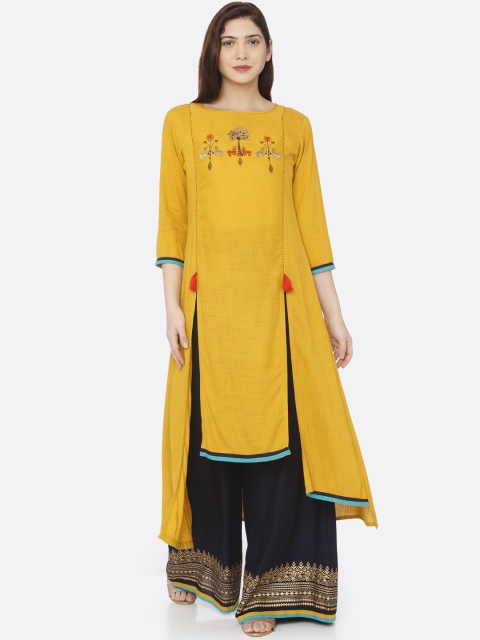

RAISIN Women Mustard Yellow & Navy Blue Embroidered Kurta with Palazzos