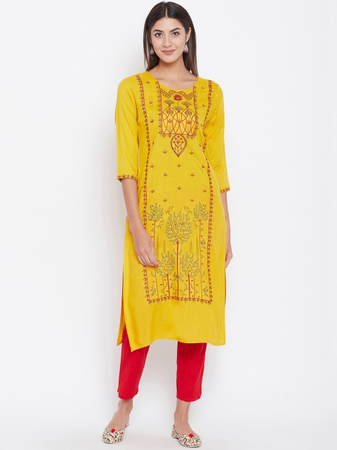 

Prakhya Women Yellow & Red Embroidered Straight Kurta
