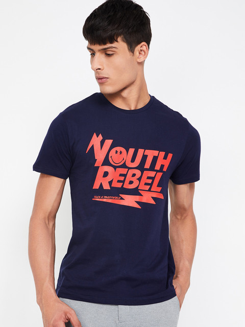 

Smiley World Men Navy Blue Printed Round Neck T-shirt